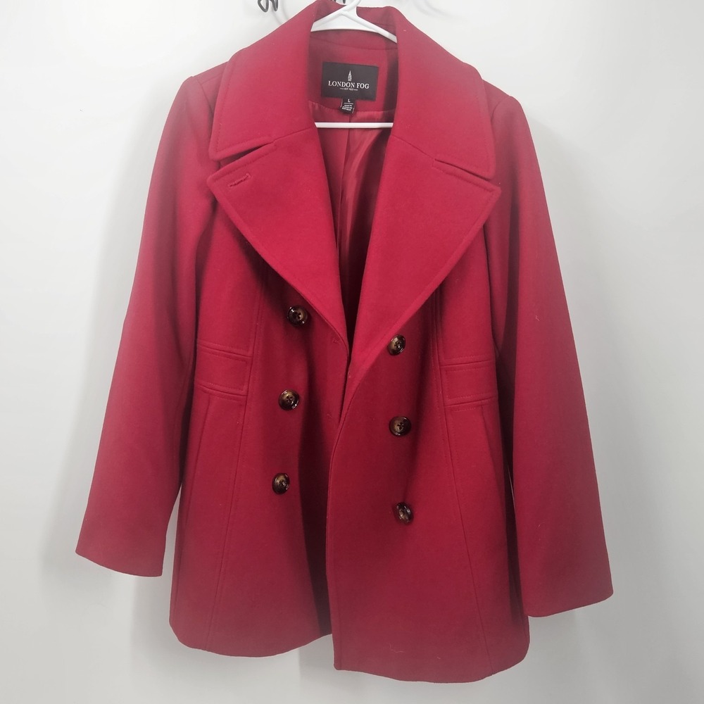 London Fog Women's Large Red Wool Blend Double-Breast Peacoat (Dry Clean Only )
